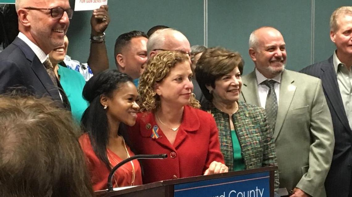 Rep. Tim Deutch, Megan Hobson, Rep. Debbie Wasserman Schutlz and former state Sen. Nan Rich support a new gun control bill in Congress.