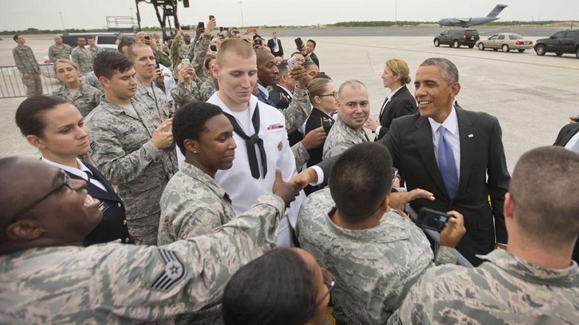 President Barack Obama greeted members of the military upon his arrival on Air Force One at MacDill Air Force Base in Tampa on Sept. 16, 2014.