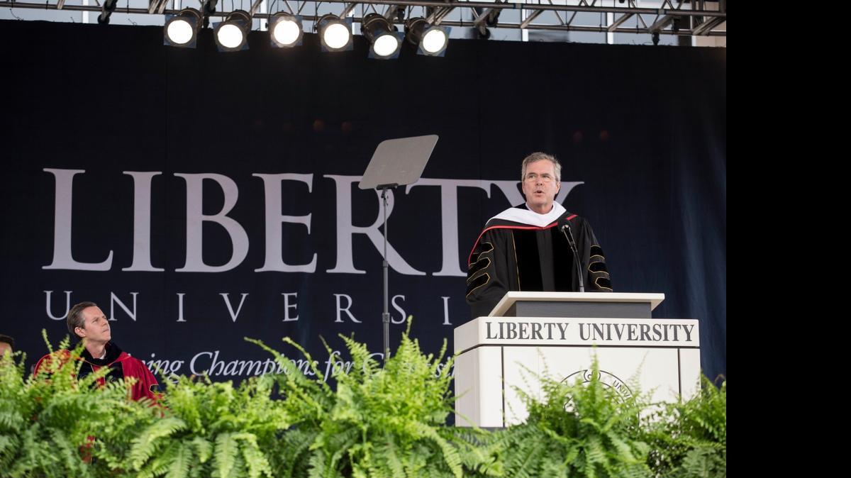 
Republican U.S. presidential hopeful and former Florida governor Jeb Bush delivers the commencement address at Liberty University, at Williams Stadium on the campus of Liberty University, May 9, 2015 in Lynchburg, Virginia. In his remarks, Bush criticized the Obama administration for being "small minded and intolerant" of religious freedom.
