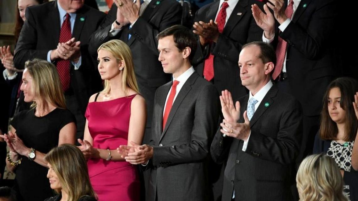President Trump’s nominee for labor secretary, Alex Acosta, right, briefly stood next to Ivanka Trump and Jared Kushner before the president addressed Congress on Tuesday night.