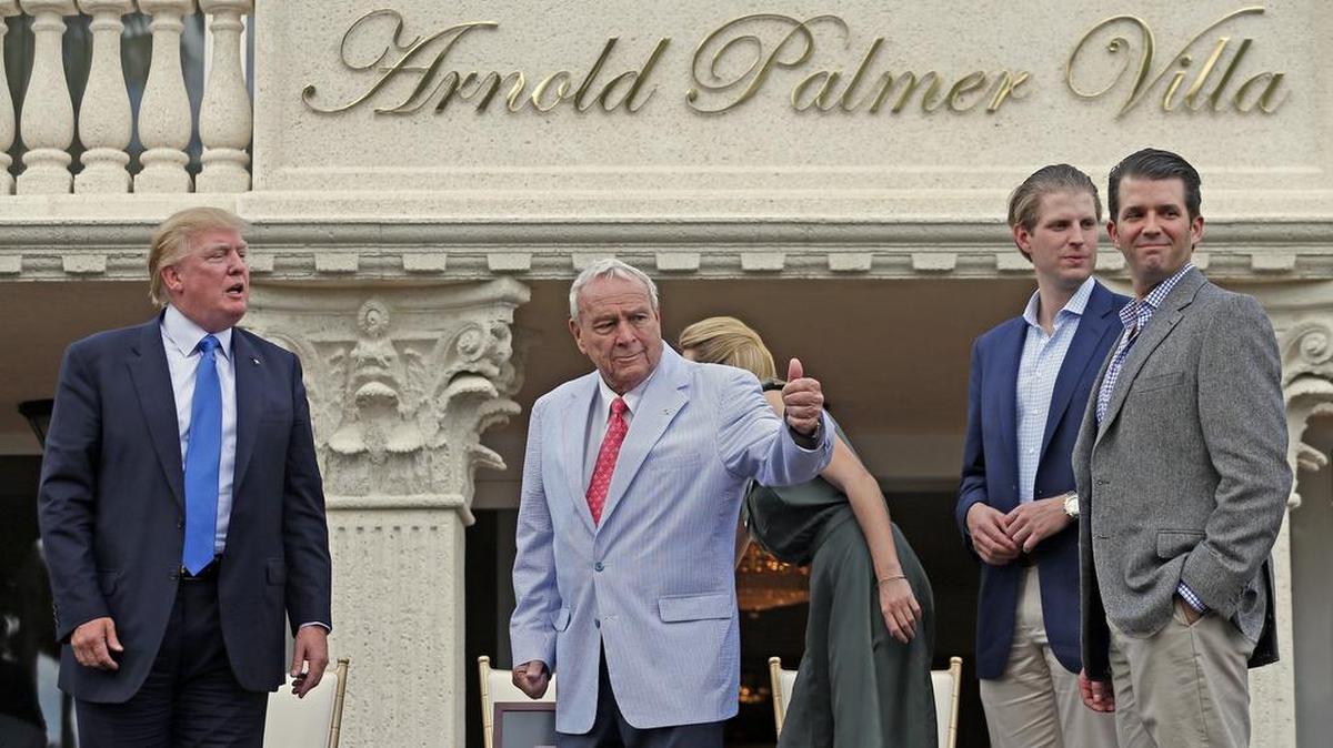 Donald Trump with golf legend Arnold Palmer and sons Eric Trump and Donald Trump Jr. at Trump National Doral Course on March 4, 2015.
