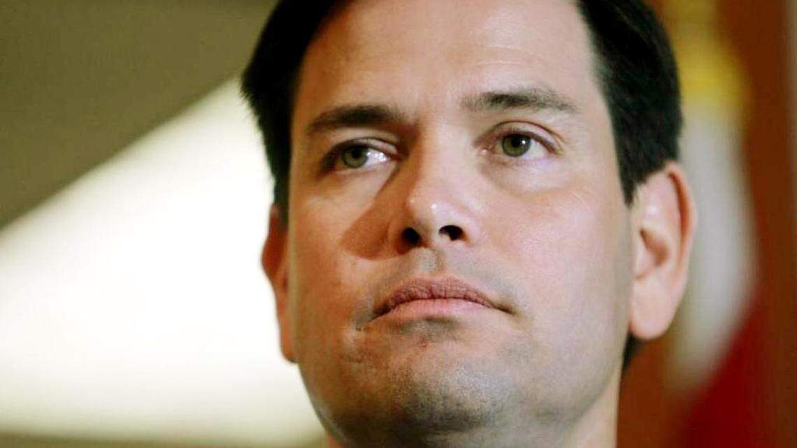 Republican Sen. Marco Rubio speaks to reporters April 8 outside his district office in Doral.