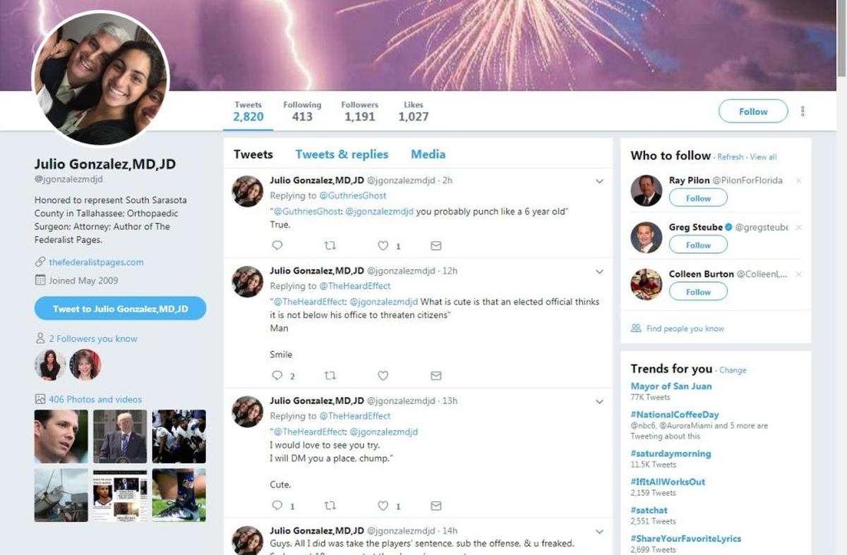 The Twitter page of State Rep. Julio Gonzalez, R-Venice, shows reaction to his “punch you in the face” parallel argument that was a response to the argument made by NFL players who kneel during the national anthem.