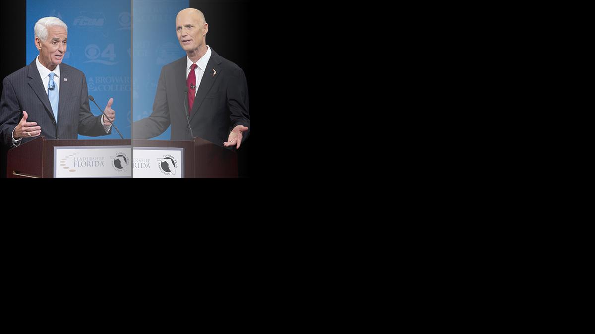 Former Florida Gov. Charlie Crist, left, and incumbent Rick Scott.