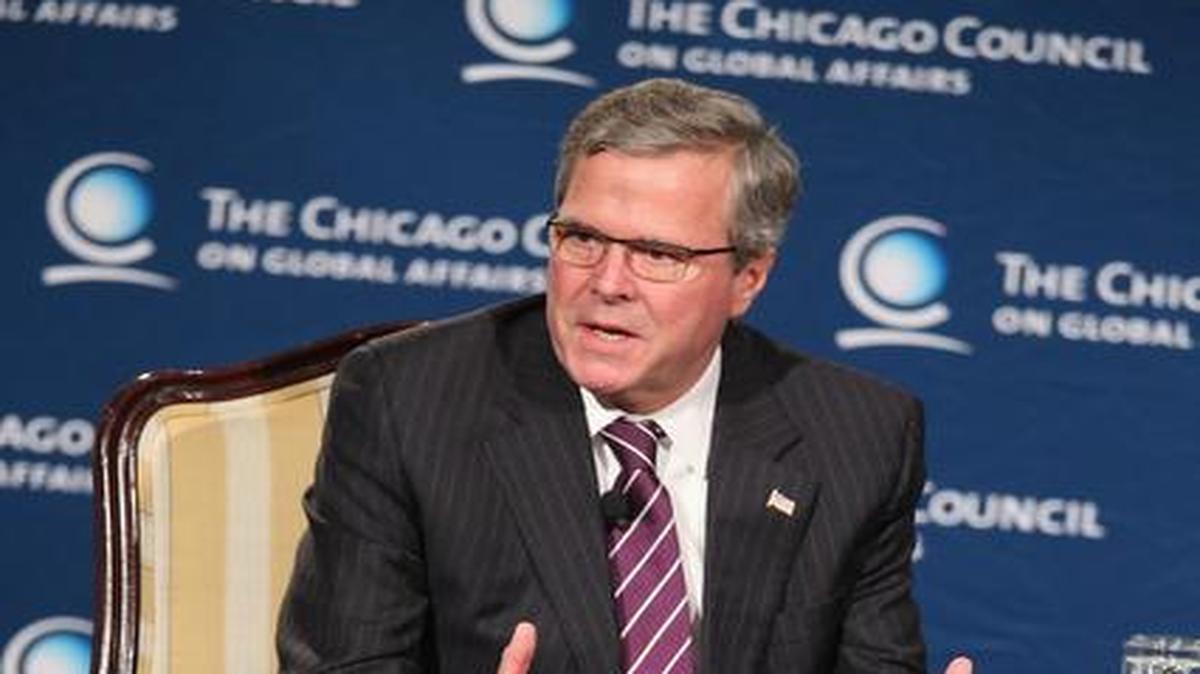 
FOREIGN POLICY SPEECH: Former Florida Governor Jeb Bush speaks to guests at a luncheon hosted by the Chicago Council on Global Affairs on Wednesday in Chicago. Bush delivered his first major foreign policy speech at the event as he continues to test the waters for a potential run for president in 2016.
