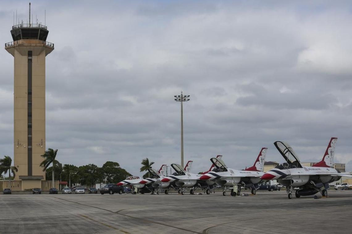 U.S. Air Force Thunderbirds line the tarmac at the Homestead Air Reserve Base on Monday, Oct. 31, 2016. The Thunderbirds performed aerial demonstrations in advance of the Wings Over Homestead air show.