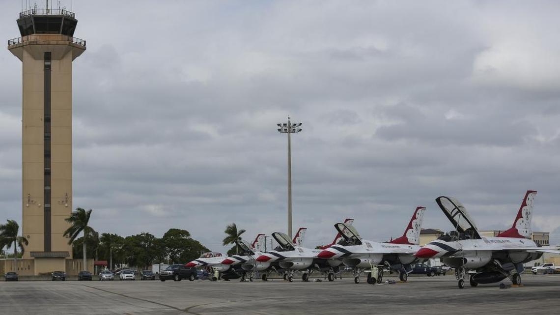 U.S. Air Force Thunderbirds line the tarmac at the Homestead Air Reserve Base on Monday, Oct. 31, 2016. The Thunderbirds performed aerial demonstrations in advance of the Wings Over Homestead air show.