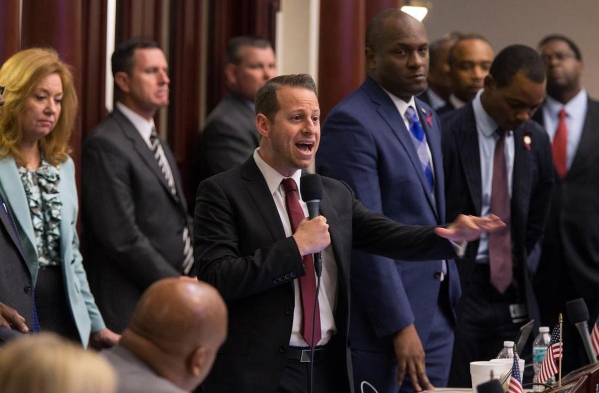 As supporters stand behind him, Rep. Jared Moskowitz, D-Coral Springs, closes on his amendment to the school safety bill at the Florida Capitol in Tallahassee on Tuesday, March 6, 2018.