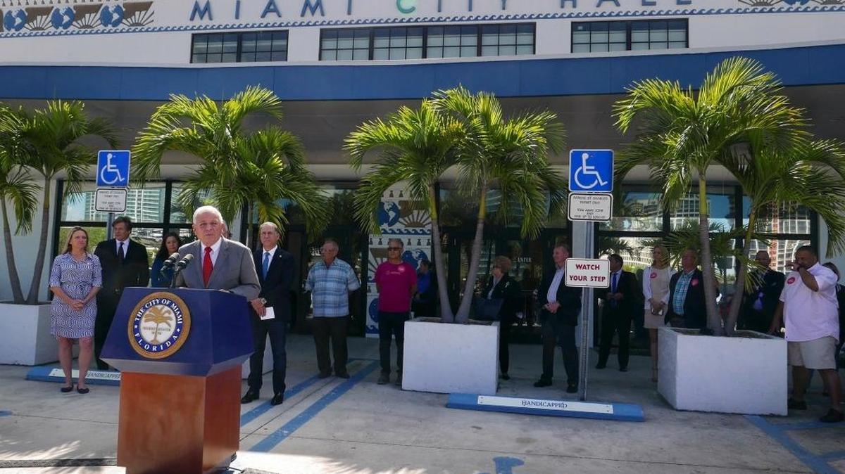 Miami, Florida, March 20, 2017 Miami Beach Mayor Mayor Philip Levine and Miami Mayor Tomas Regalado held a joint press conference March 20, 2017, at Miami City Hall to discuss community concerns with Airbnb. The Florida Legislature is considering proposals to usurp cities’ ability to right their own rules.