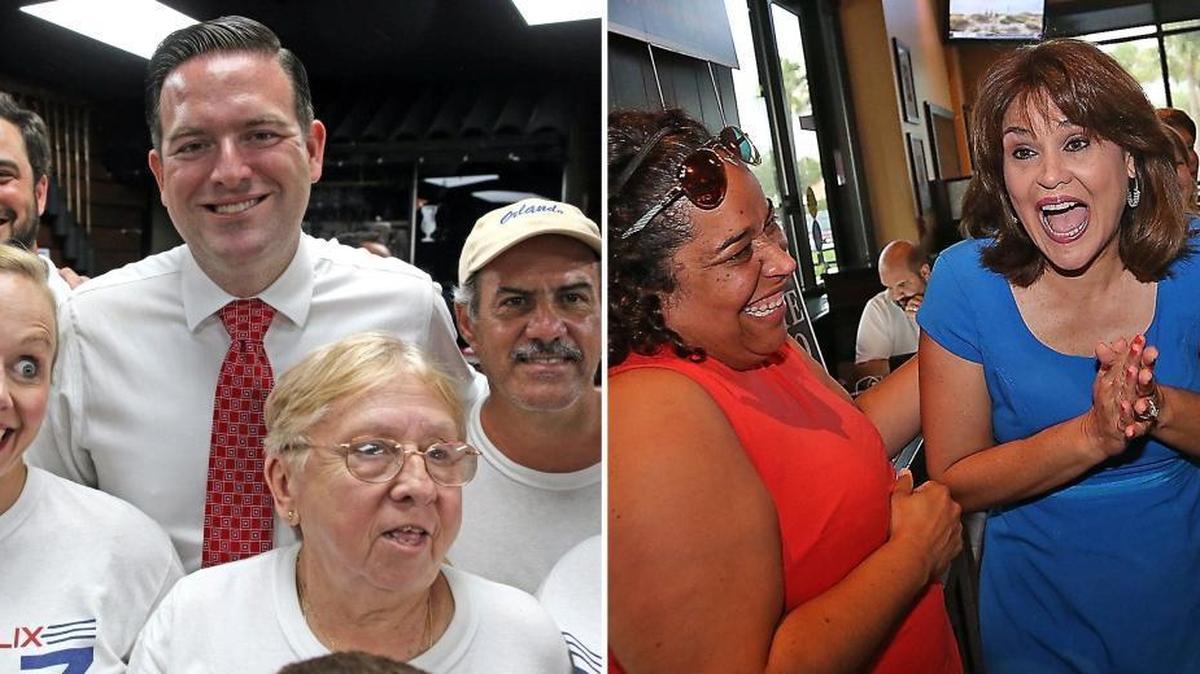 Republican candidate Jose Felix Diaz, is surrounded by supporters after he won the primary for Florida's Senate District 40 race. Democrat Annette Taddeo, right, celebrates her victory with supporter Venus Lovely at BJ’s Restaurant in The Falls.
