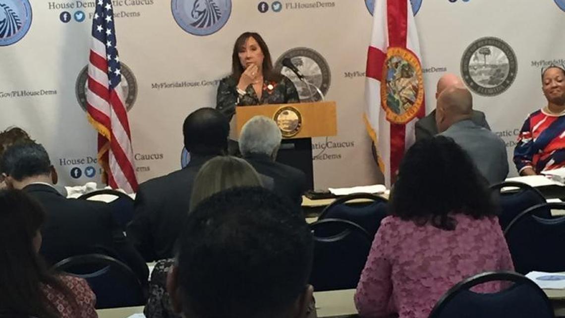Rep. Lori Berman, D-West Palm Beach, asks for debate as members of the House Democratic caucus discuss whether to take a caucus position on the school safety bill, SB 7026, Wednesday, March 7, 2018, in Tallahassee.