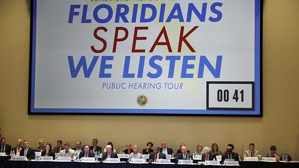 Members of the Constitutional Revision Commission listen to residents during a town hall meeting at Florida International University in Miami on April 6, 2017.