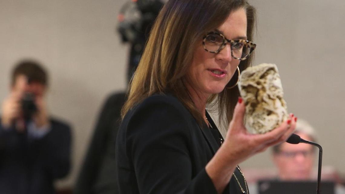 Sen. Dana Young, R-Tampa, shows off a piece of Florida limestone during a Senate Committee on Environmental Preservation and Conservation meeting considering her fracking ban bill, Tuesday, March 7, 2017, at the Capitol. The committee passed the bill.