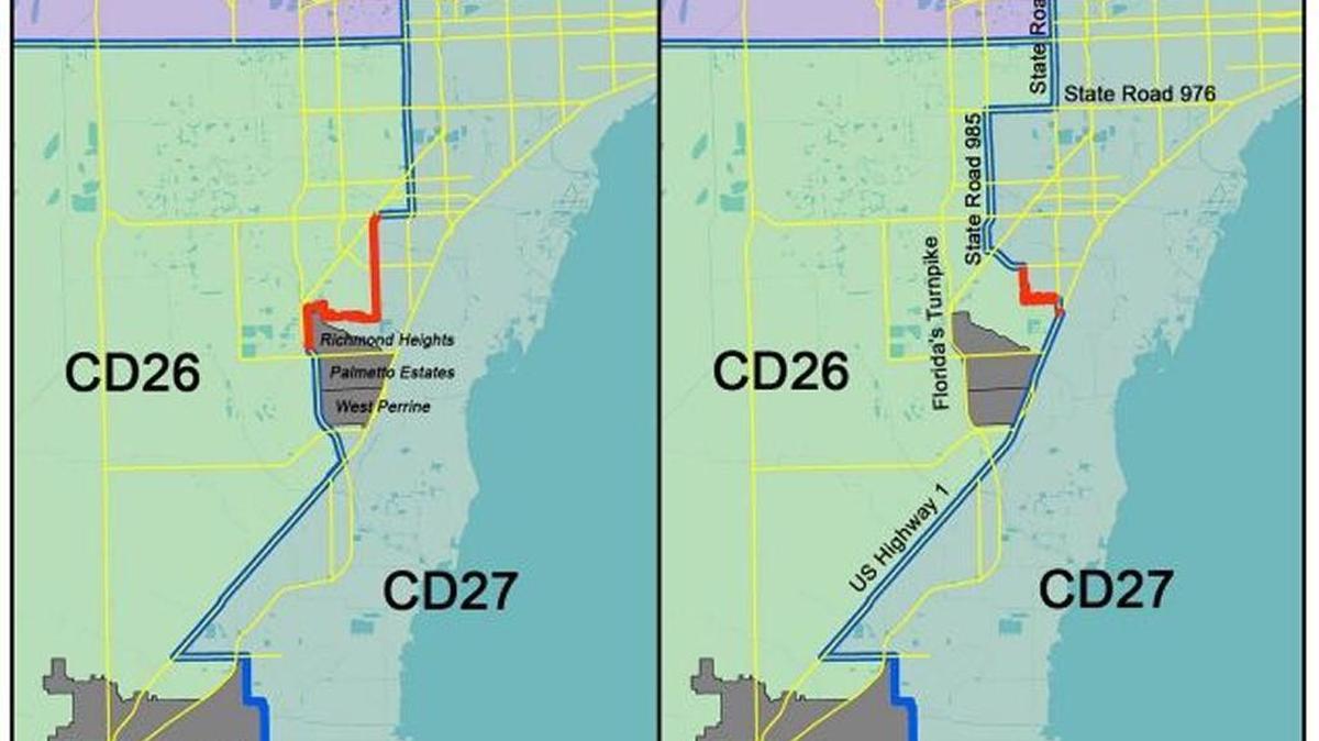 
This shows Miami Districts 26 and 27 on the left, as drawn in House and Senate maps, and the alternative offered by the redistricting challengers. They allege that Legislature’s map moves the black communities of Richmond Heights, Palmetto Estates, and West Perrine out of Republican U.S. Rep. Carlos Curbelo's district to help him get re-elected. 
