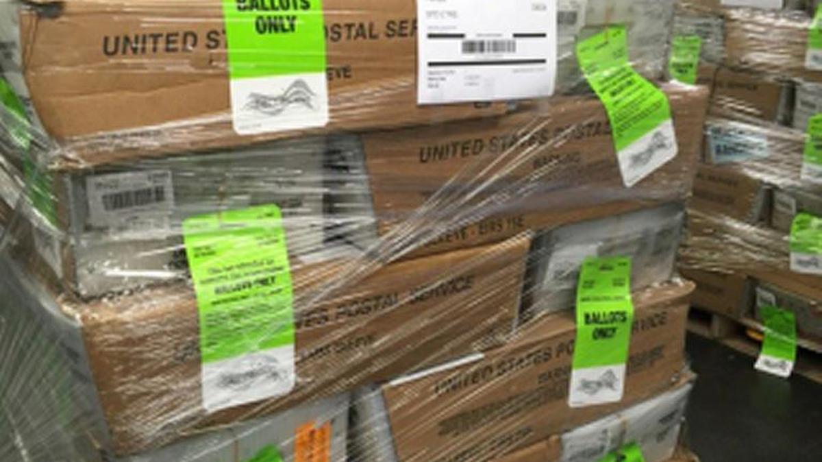 A pallet of ballots from the Hillsborough County Elections Department is ready to go to the post office on Tuesday, July 26, 2016.