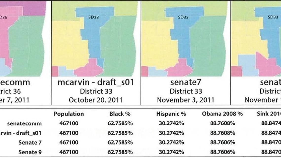 
This is part of Exhibit 12 as prepared by the redistricting challengers shows the Broward-based state Senate district that was used by map drawers to pack Democrats into a black-majority district in an effort to make the adjacent districts less competitive. 
The first map, ‘senatecomm’ was produced by Senate staff. The second map ‘mcarvin – draft_s01’ was sent to the Senate’s redistricting lawyer, Michael Carvin, and identified in emails from political operatives as ‘the plan’ a month before it was presented to senators or made public. 
Maps, ‘senate7’ and ‘senate9’ were draft maps also produced by the Senate in a way that retained the district that had been promoted by the operatives. Testimony indicated that the staff director of the Senate Reapportionment Committee, John Guthrie, acknowledged there must have been a breach in the Senate that allowed maps to go from his office to political operatives.
