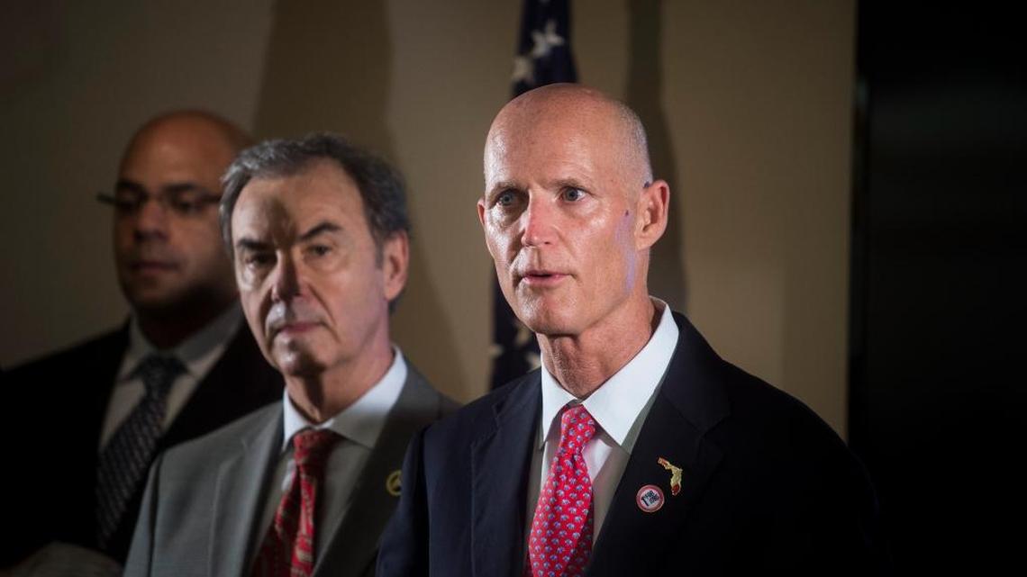 Florida Gov. Rick Scott, right, at a press conference about the Zika virus on Feb. 4, at the Hillsborough County Health Department. He isn’t getting much of what he wants in the state budget from the Legislature.