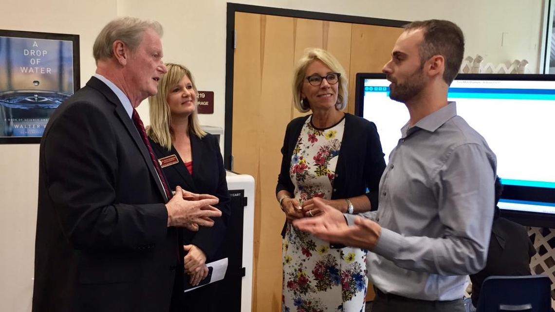 Teacher Matt Martens, right, explains his robotics class to Florida State University President John Thrasher, FSU Schools Executive Director Stacy Chambers and U.S. Education Secretary Betsy DeVos, second from right, during a visit to FSU Schools in Tallahassee on Tuesday, Aug. 29, 2017. The school, also known as Florida High, is a public K-12 charter school affiliated with the university’s College of Education.