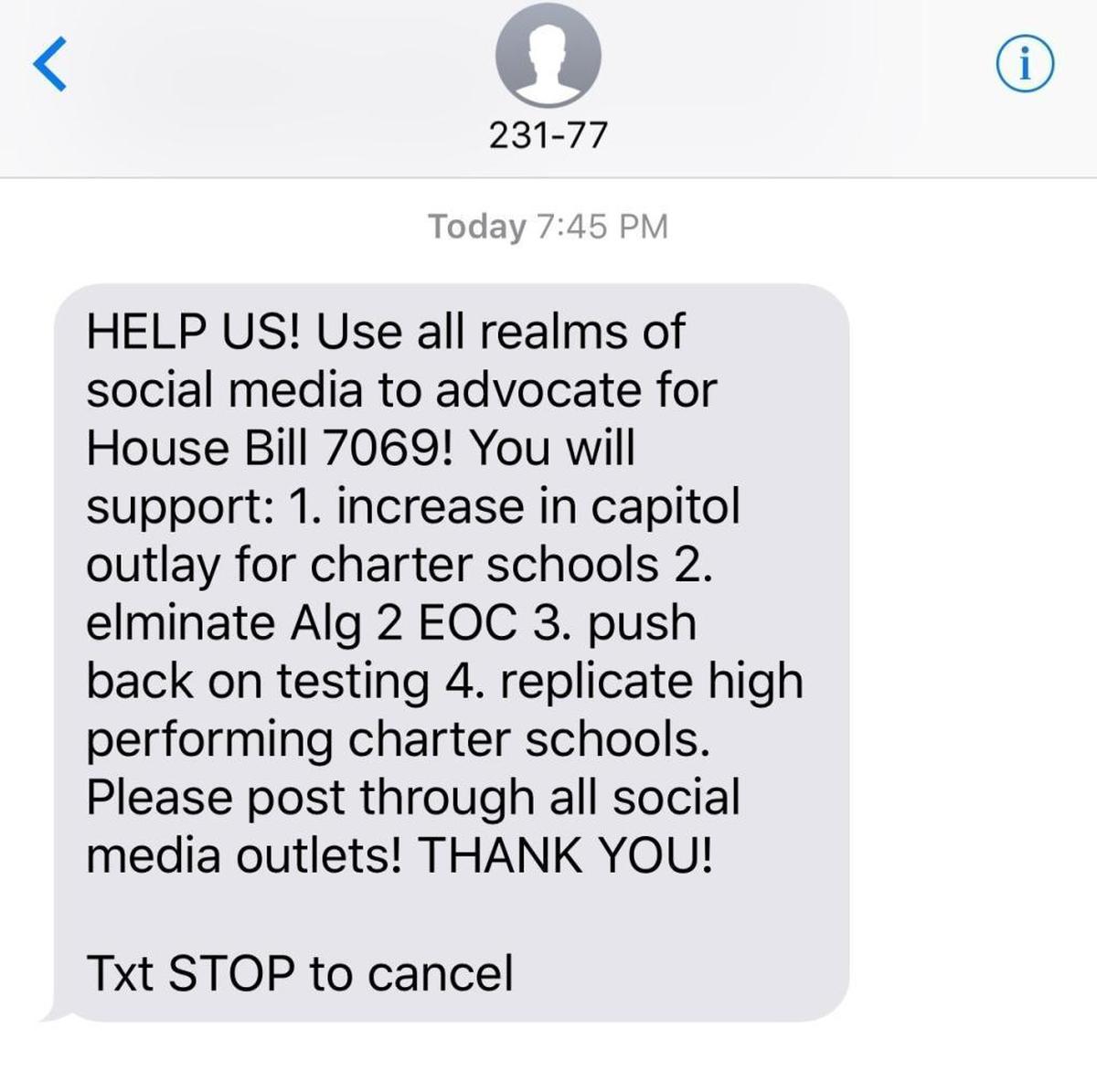 The City of Hialeah Educational Academy issued calls to actions to their parents through email and text alerts, such as this one, asking them to praise HB 7069 on social media.