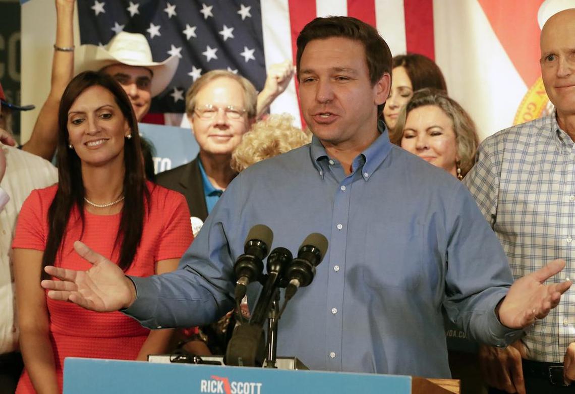 Florida Republican gubernatorial candidate Ron DeSantis speaks to supporters as his lieutenant governor candidate, state Rep. Jeanette Nunez, left, listens during a rally in Orlando, Thursday, Sept. 6, 2018. DeSantis resigned from Congress on Monday, Sept. 10, to focus on his bid to become Florida’s next governor.