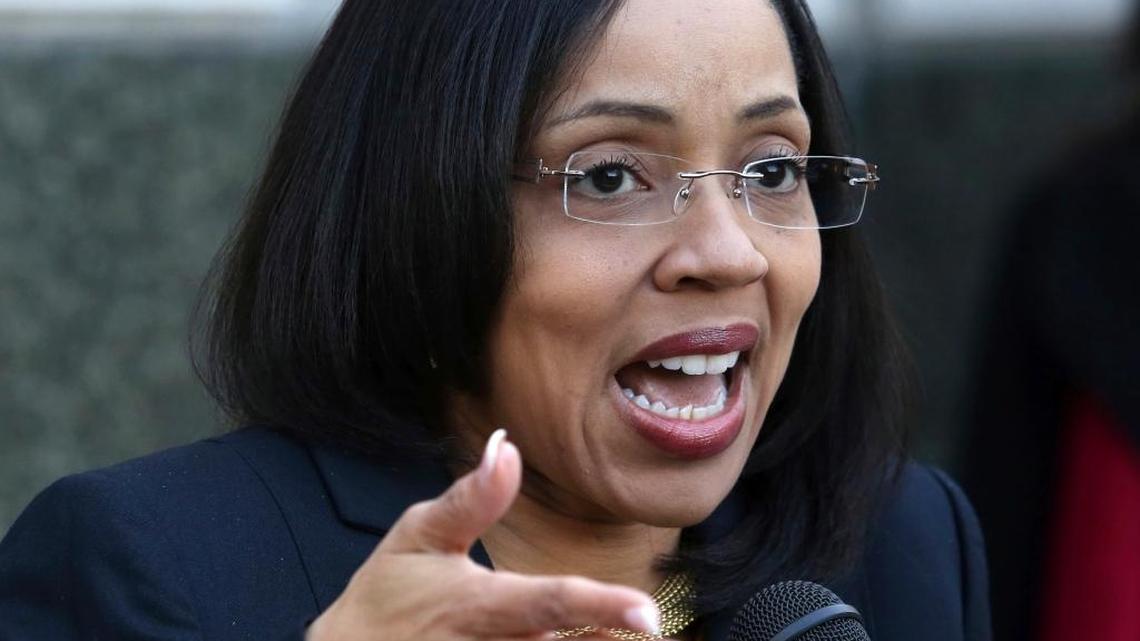 In this March 16, 2017, file photo, Florida State Attorney Aramis Ayala, during a news conference on the steps of the Orange County Courthouse, announces that her office will no longer pursue the death penalty as a sentence in any case brought before the 9th Judicial Circuit. The state Supreme Court ruled Thursday Gov. Rick Scott had the proper authority to remove her from the case.
