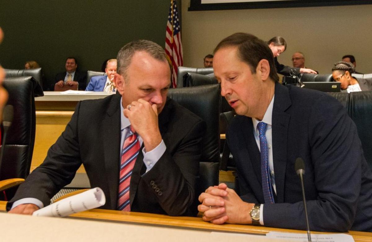 Speaker of the House Richard Corcoran, left, and Senate President Joe Negron work out budget differences during a late afternoon budget conference Friday, May 5, 2017, at the Capitol in Tallahassee.