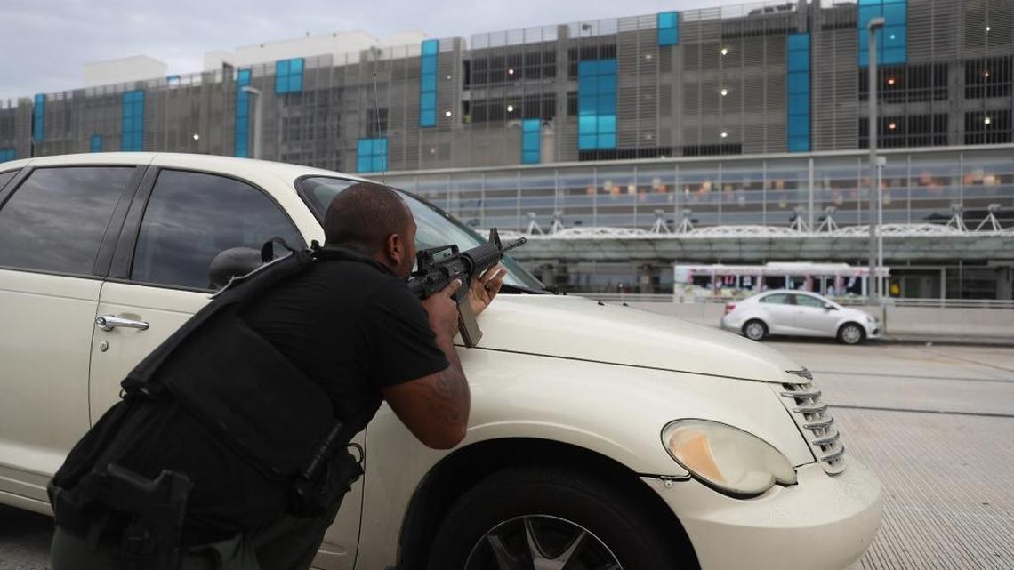 First responders secure the area outside of Fort Lauderdale-Hollywood International airport after a shooting took place near baggage claim in Terminal 2 on January 6, 2017. Five were killed and eight wounded in an attack from a single gunman.