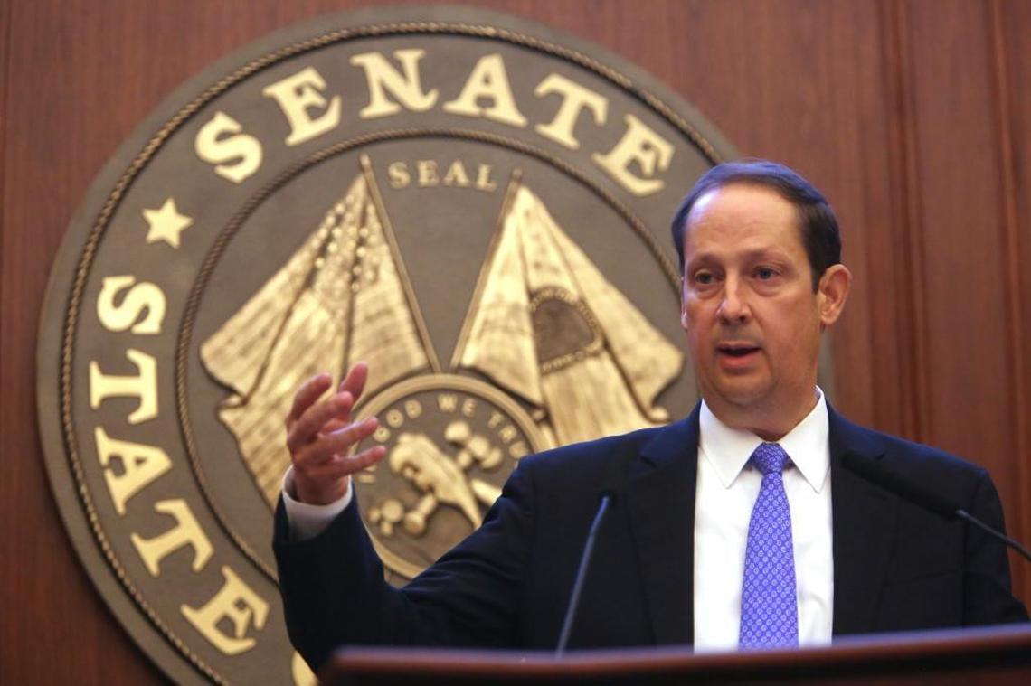 Florida Senate President Joe Negron talks to members in the chamber. Wednesday, March 8, 2017.