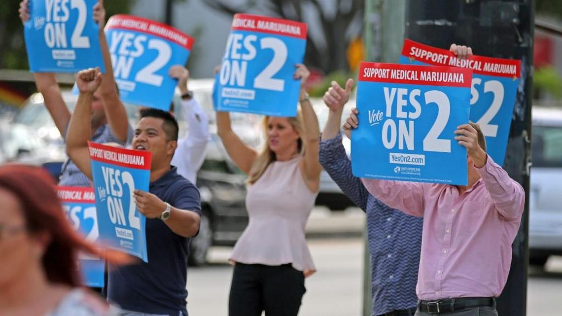 Supporters of medical marijuana wave signs at passing traffic in Fort Lauderdale, Tuesday, Nov. 8, 2016. The constitutional amendment expanding use of medical marijuana passed with more than 72 percent of the vote.