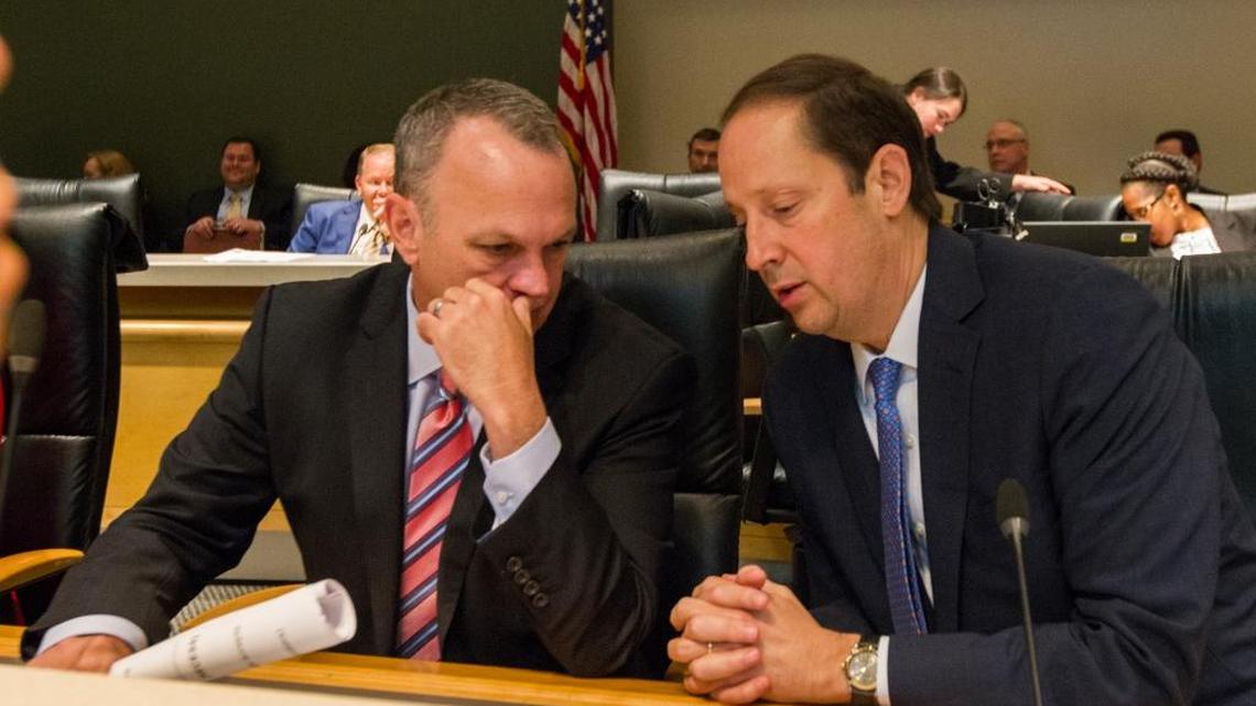 Speaker of the House Richard Corcoran, left, and Senate President Joe Negron work out budget differences during a late afternoon budget conference Friday, May 5, 2017, at the Capitol in Tallahassee.