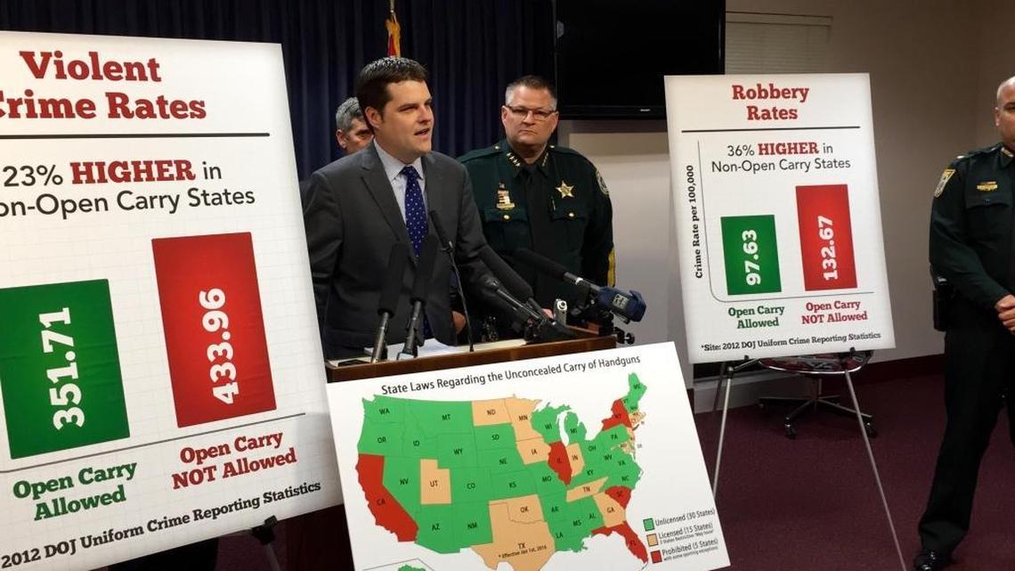 
State Rep. Matt Gaetz, R-Fort Walton Beach, joined by Brevard County Sheriff Wayne Ivey, speaks about his bill that would allow concealed-carry permit-holders to openly carry their weapons in Florida during a press conference Tuesday, Oct. 6, 2015.
