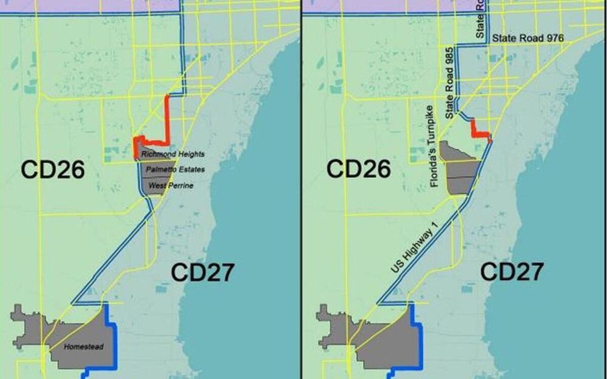 
This shows Miami Districts 26 and 27 on the left, as drawn in House and Senate maps, and the alternative offered by the redistricting challengers. They allege that Legislature’s map moves the black communities of Richmond Heights, Palmetto Estates, and West Perrine out of Republican U.S. Rep. Carlos Curbelo's district to help him get re-elected. 
