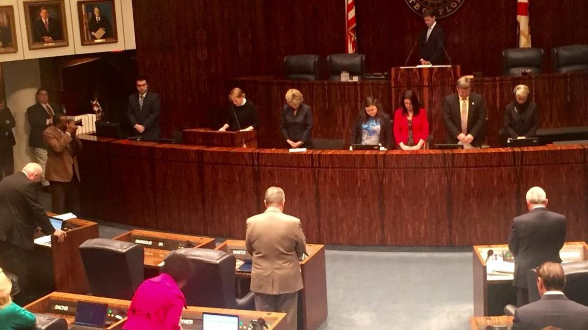 The Florida Senate opens its morning session on Friday, Jan. 15, 2016, with a moment of prayer. Because the Legislature and other government entities engage in public prayer, Sen. Jeff Brandes, R-St. Petersburg, questions why Christian schools who want to broadcast a prayer at high school sports events aren’t allowed to do so.