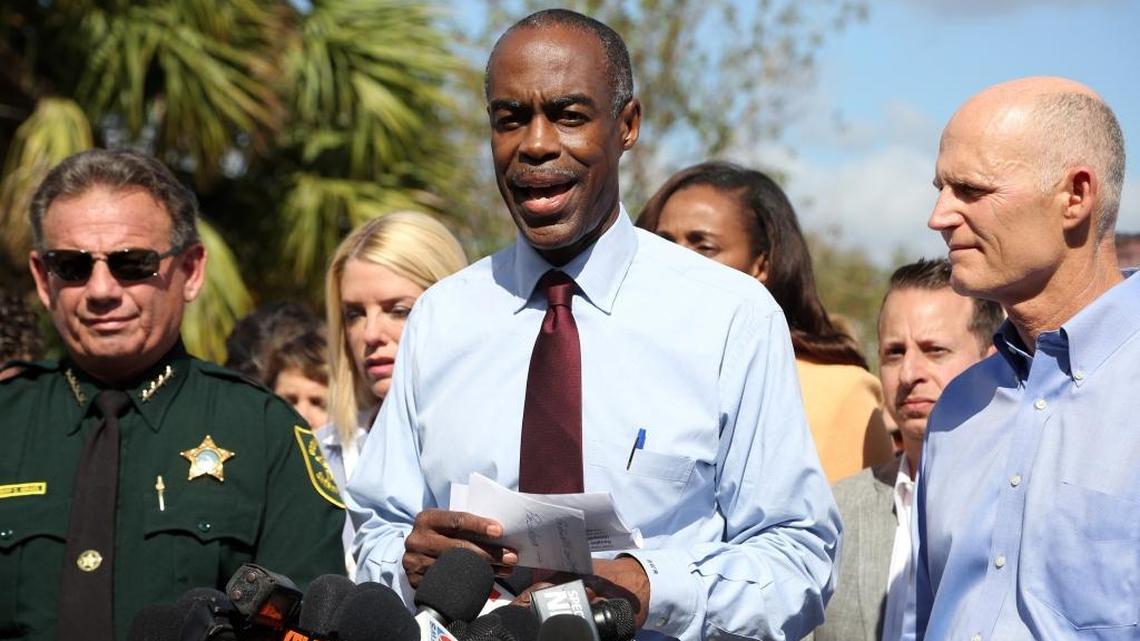Broward County Schools Superintendent Robert Runcie, center, at a news conference after the shooting at Marjory Stoneman Douglas High School with Gov. Rick Scott.