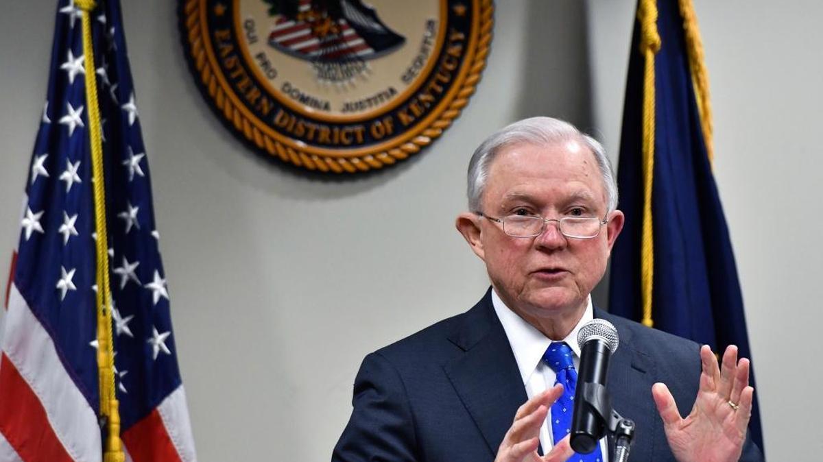 Attorney General Jeff Sessions speaks to law enforcement officials about drug trafficking and the opioid crisis in Lexington, Kentucky, on March 15. On Thursday he spoke about the same topics on the steps of the federal courthouse in Tallahassee.