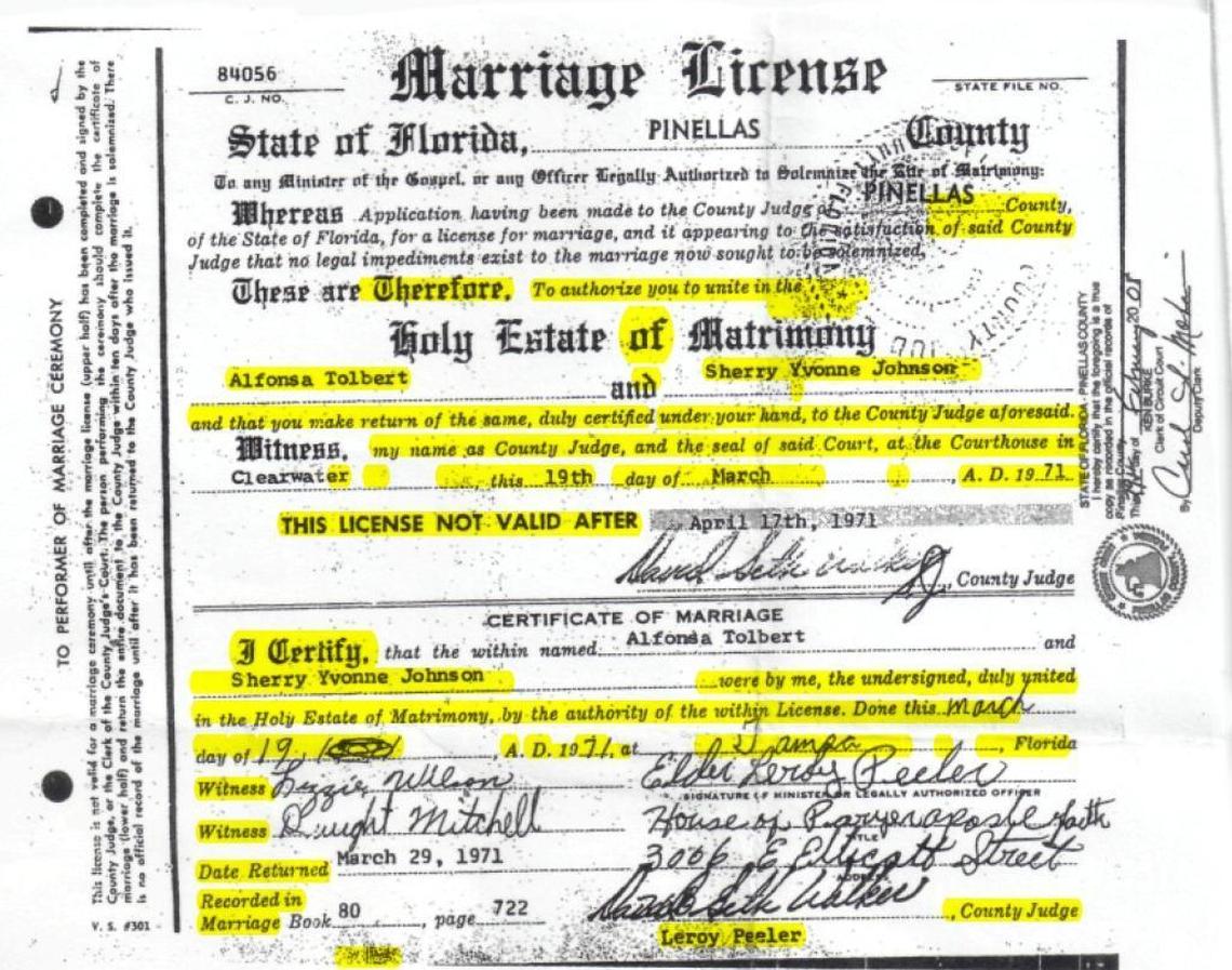 This is the marriage license of Sherry Johnson and Alfonsa Tolbert. She was 11. He was 20.