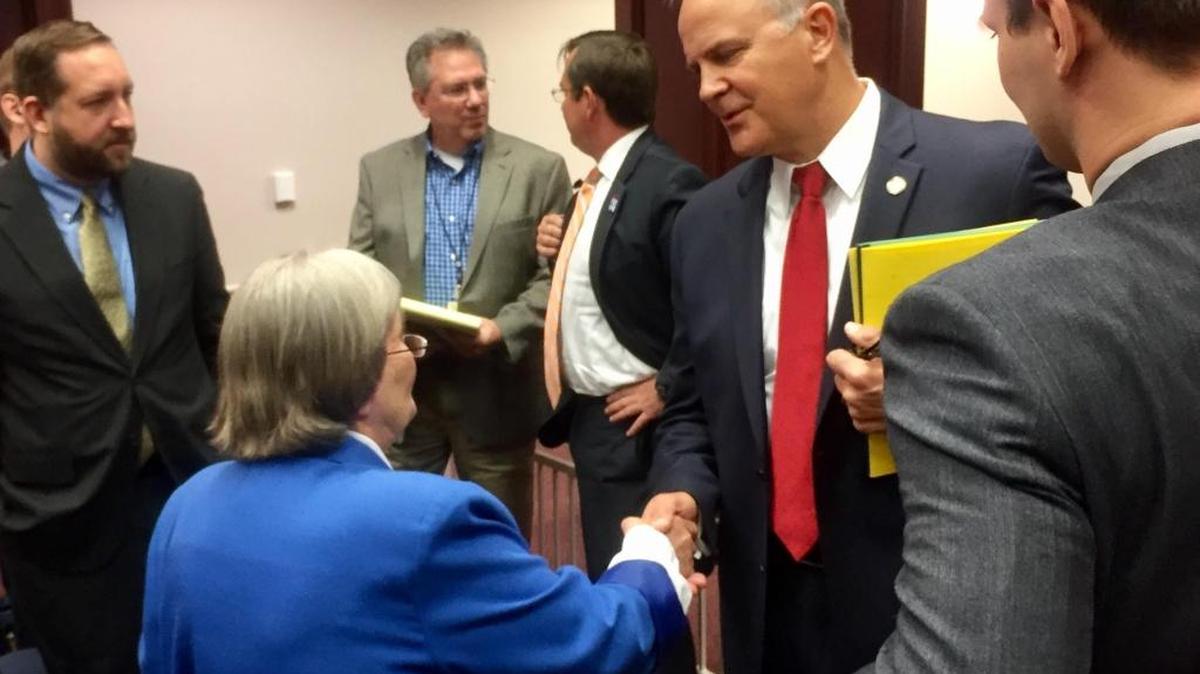 NRA lobbyist Marion Hammer shakes hands with Palatka Republican Rep. Bobby Payne after a House Criminal Justice Subcommittee hearing about proposed changes to Stand Your Ground on Wednesday, Feb. 22, 2017. Payne is sponsoring the House bill.