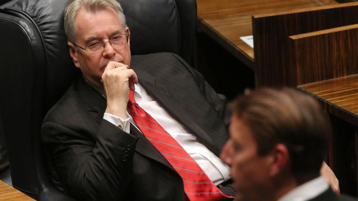 
Former Florida Senate President Don Gaetz, R-Niceville, listens to Sen. Bill Galvano, R-Bradenton, explain the state Supreme Court’s ruling about redistricting during the start of the special session, Monday, Aug. 10, 2015.
