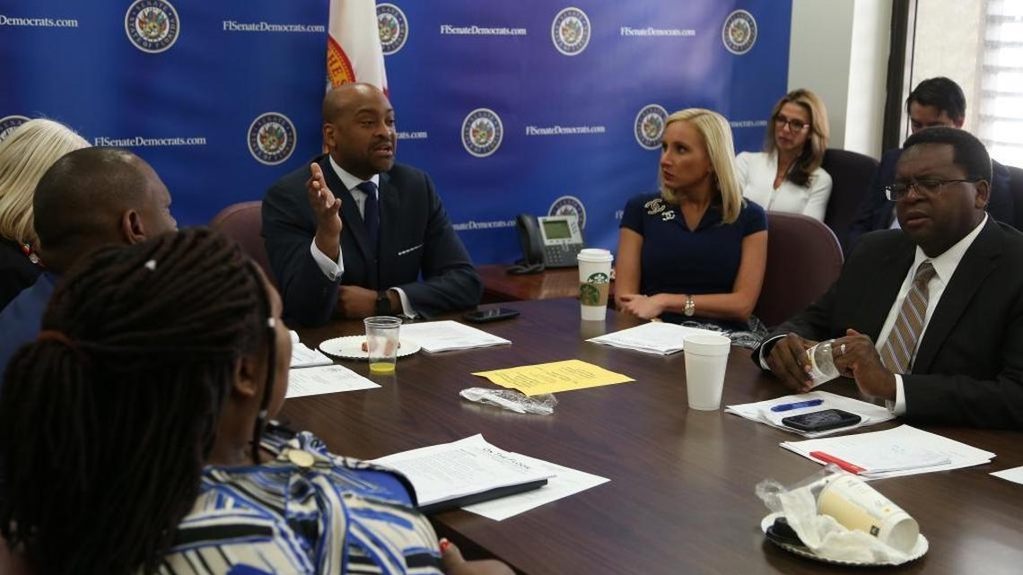 Members of the Florida Senate Democratic Caucus discussed strategy during a meeting Monday, March 5, 2018. Democratic leader Sen. Oscar Braynon, D-Miami Gardens, center, asked if any of them had changed their minds about taking a caucus vote against the proposed constitutional amendment that would make it harder to raise taxes. Although no one spoke up, three senators voted with Republicans.
