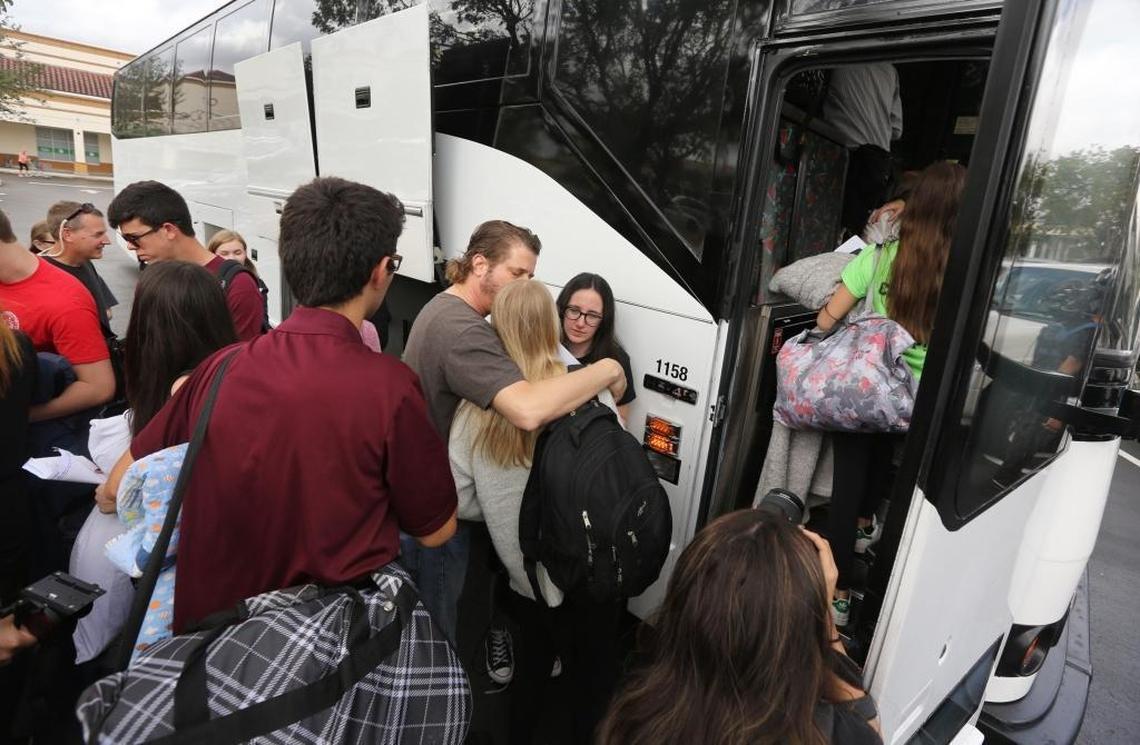 Marjory Stoneman Douglas High School students board buses to head to Tallahassee on Tuesday, Feb. 20, 2018, to demand stronger gun control.