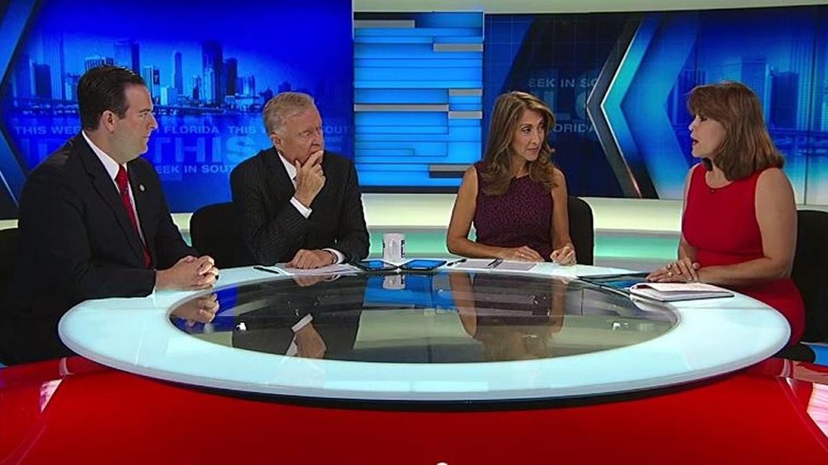 Republican state Rep. Jose Felix Diaz, left, and Democrat Annette Taddeo, right, debate during Sunday’s episode of “This Week in South Florida” on WPLG Local 10 News in Miami. Diaz and Taddeo are candidates for the open Senate District 40 seat in Miami-Dade County.