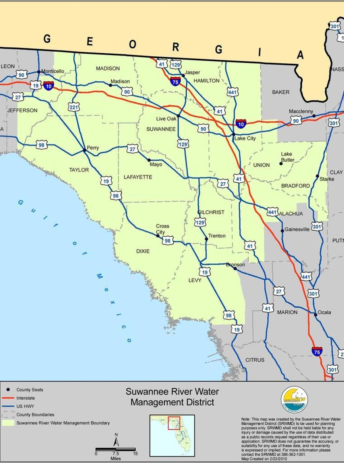 The Suwannee River Water Management District encompasses all or part of 15 counties in north-central Florida.