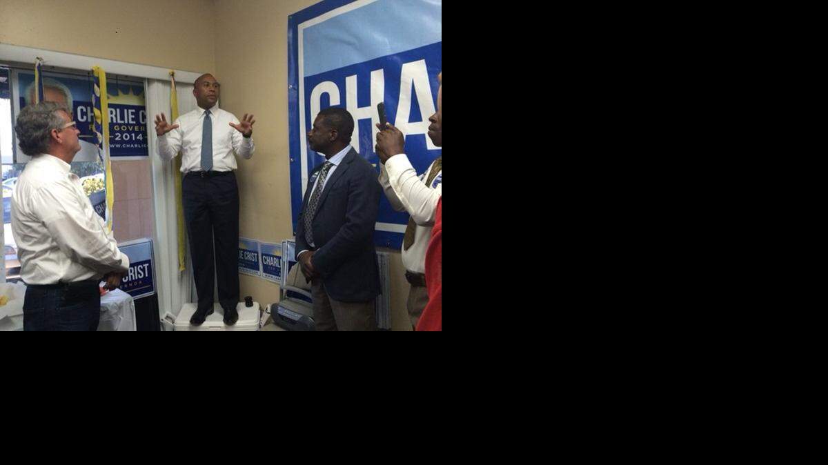 
Deval Patrick, Democratic governor of Massachusetts, speaks to Charlie Crist supporters at his campaign field office in North Miami. He’s running to “be governor of all of us,” he said.
