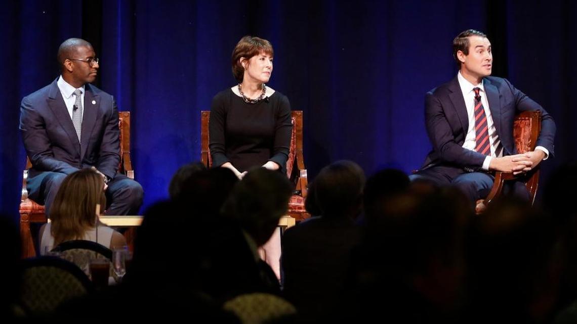 Businessman Chris King, right, answers a question as Tallahassee Mayor Andrew Gillum, left, and former Congresswoman Gwen Graham, center, look on, Monday, Aug. 28, 2017, in West Palm Beach, Fla. Graham, Gillum and King are seeking the nomination to replace Republican Gov. Rick Scott in the November 2018 election. The primary is next August.