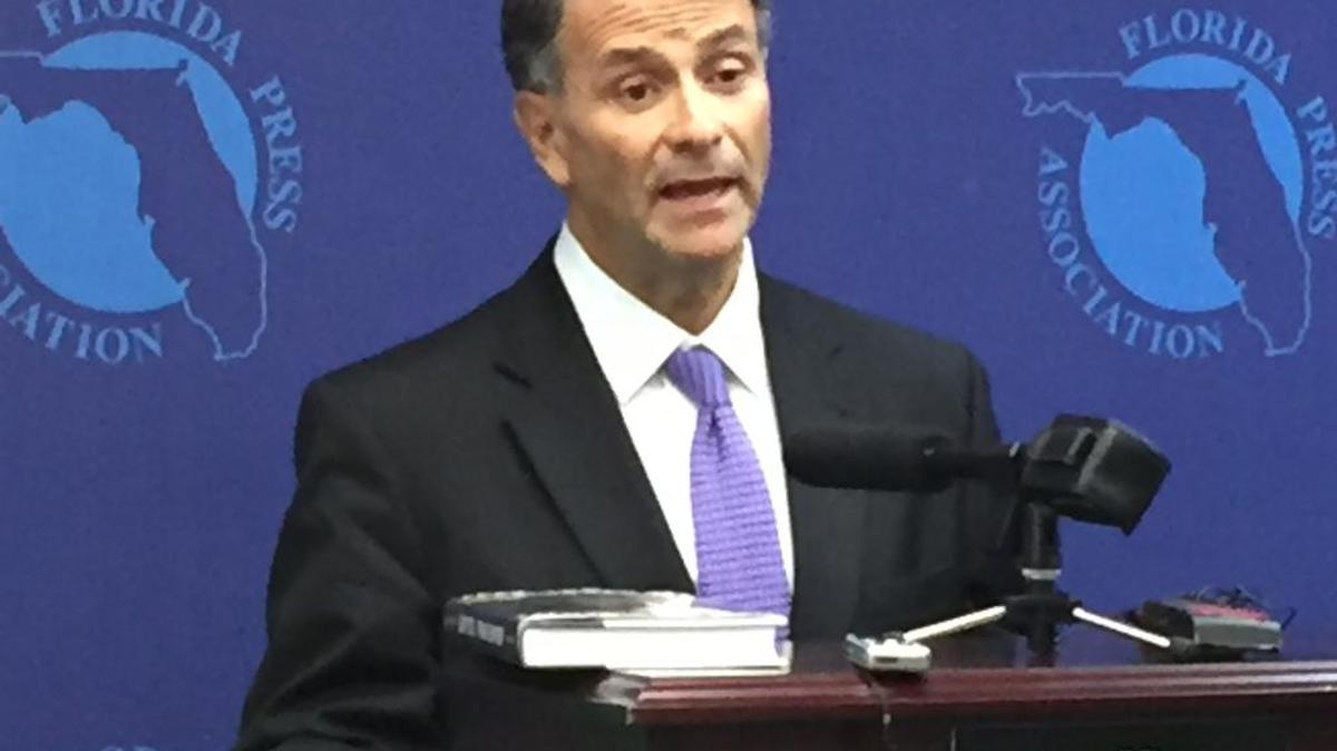 Jack Abramoff speaks to reporters in Tallahassee on Tuesday. The former Washington lobbyist, who served four years on federal corruption charges, is now an advocate for banning campaign contributions from anyone who lobbies or hires a lobbyist to influence public policy.