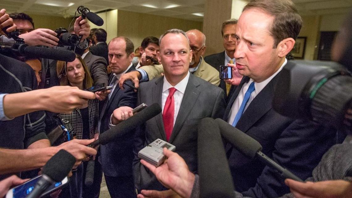 Speaker of the House Richard Corcoran, left, and Senate President Joe Negron speak to the media after the 2017 legislative session ended Monday night, May 8, 2017 at the Capitol in Tallahassee. A three-day special session to complete unfinished business starts Wednesday, June 7.