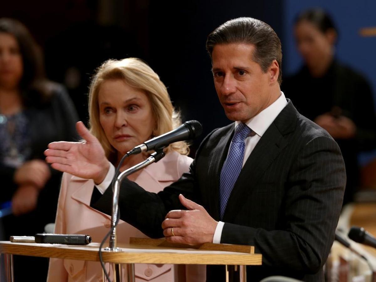 School board chair Perla Tabares Hantman joined Alberto Carvalho, superintendent of Miami-Dade County Public Schools, after he announced his decision to stay in Miami-Dade instead of going to New York City during a full house School Board meeting on March 1, 2018.