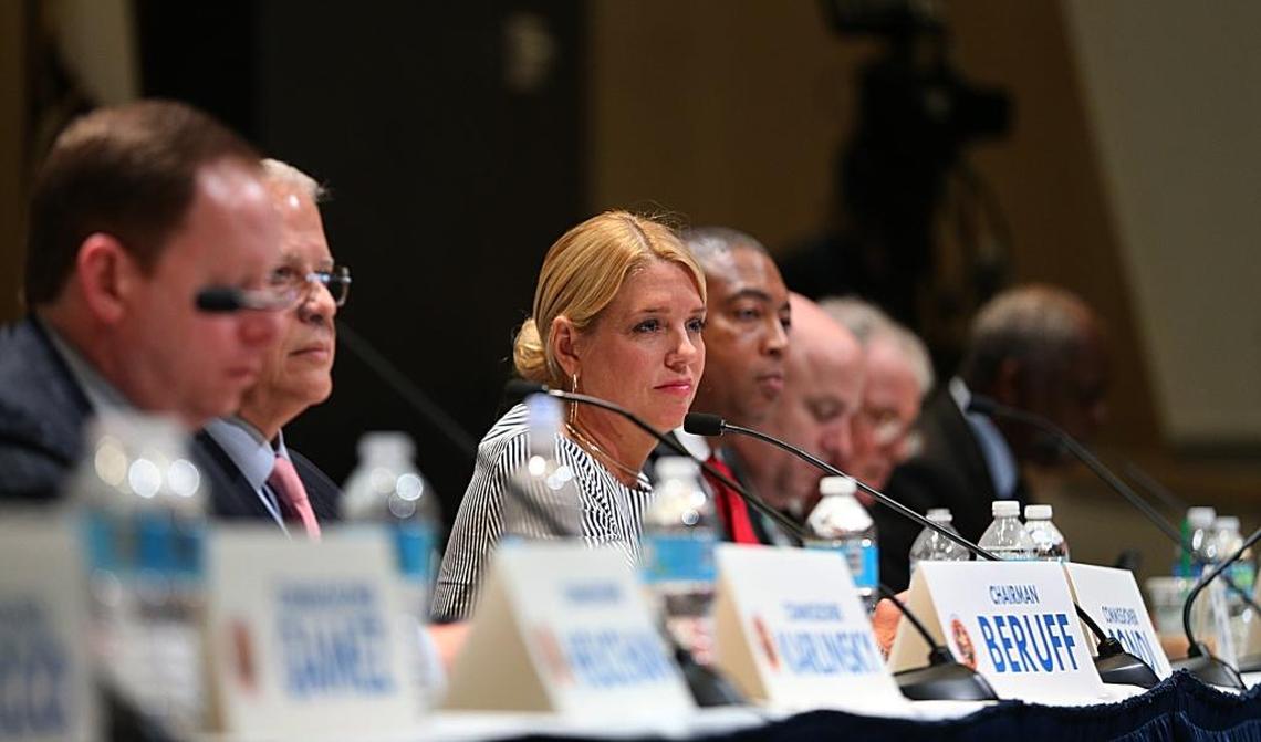 Attorney General Pam Bondi, center, was among members of the Constitutional Revision Commission listening to residents during a town hall meeting Florida International University in Miami, April 6, 2017.