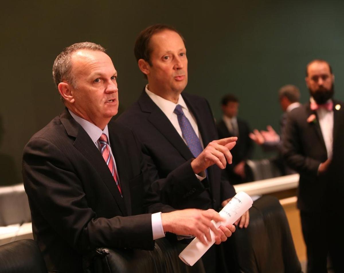 House Speaker Richard Corcoran, left, R-Land O’Lakes and Senate President Joe Negron, R-Stuart, explain their budget compromise — including the just-released final version of HB 7069 — to reporters on Friday, May 5.