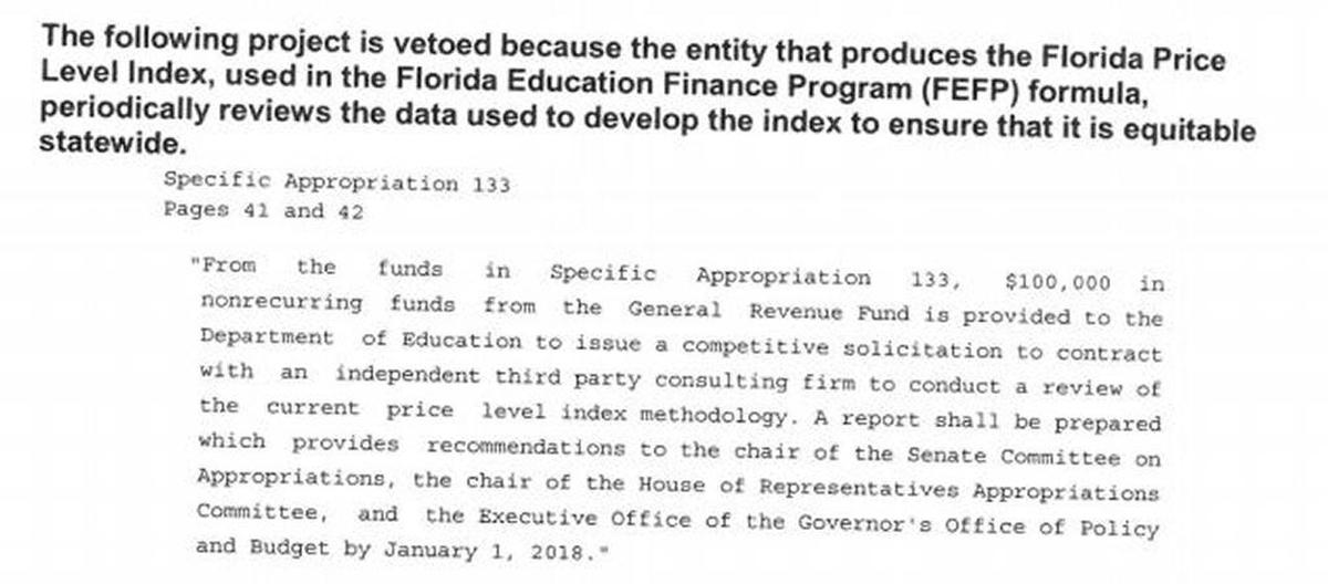 Gov. Scott’s explanation for vetoing a study that would have addressed school districts’ cost-of-living disparities